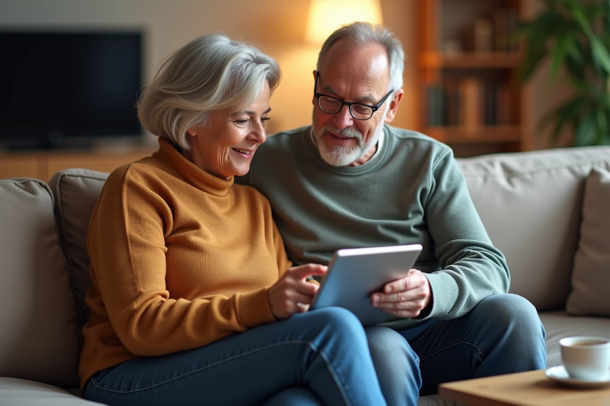 Couple utilisant une tablette pour accéder en sécurité à leur compte CA56 depuis leur domicile