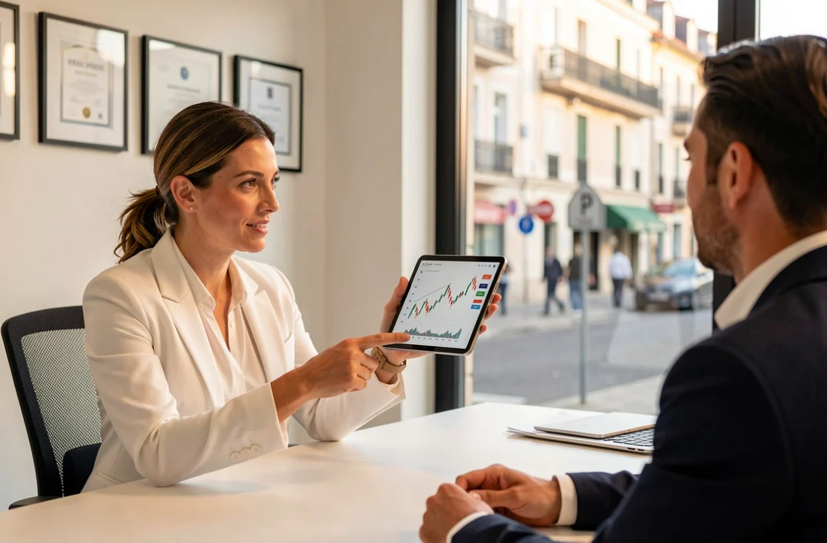 Conseillère du cabinet Ace Crédit à Pau présentant une simulation de prêt immobilier à des clients