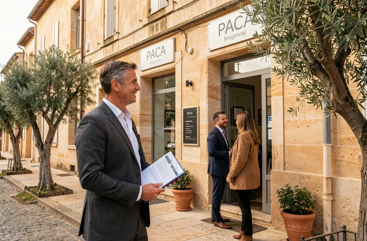 Courtier ACE Crédit accueillant des clients devant une agence locale en Provence-Alpes-Côte d'Azur
