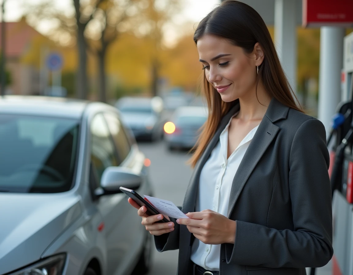 Femme consultant son téléphone à la pompe à carburant pour gérer ses aides carburant et déclarations fiscales 2026