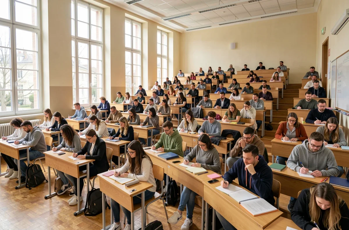 Amphithéâtre d'université rempli d'étudiants en master