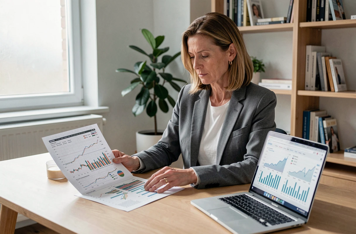 Femme analysant son patrimoine financier avec des documents et un ordinateur dans un bureau à domicile