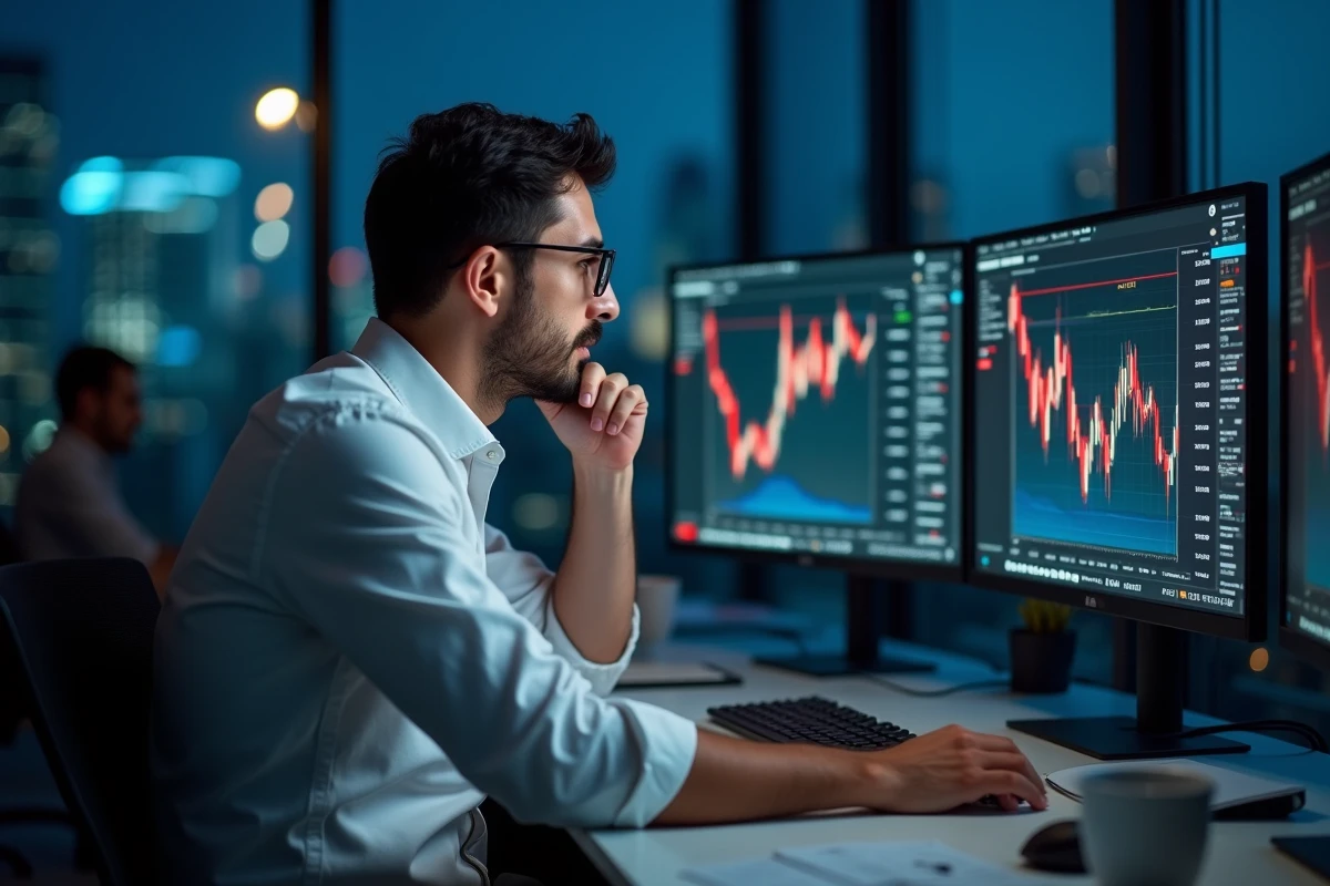 Analyste financier stressé devant des graphiques crypto en chute sur des écrans de trading