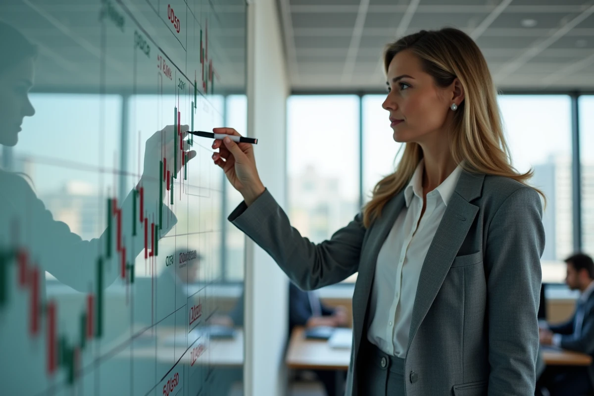 Analyste financière présentant un pattern double bottom sur un tableau blanc en salle de réunion