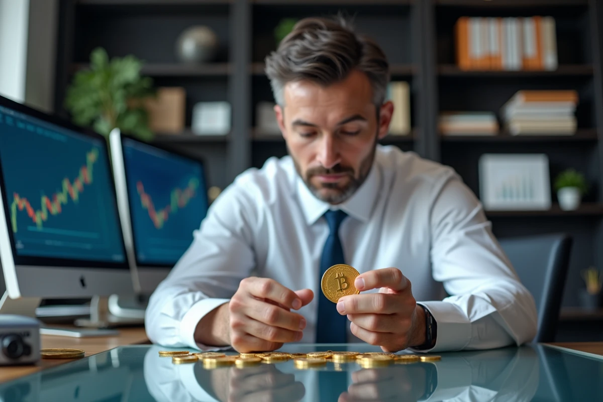 Analyste financier tenant une pièce d'or 24 carats dans un bureau de trading, illustrant l'importance du prix de l'or au gramme