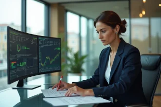 Analyste financière européenne examinant des critères ESG sur des documents de gestion du crédit dans un bureau moderne