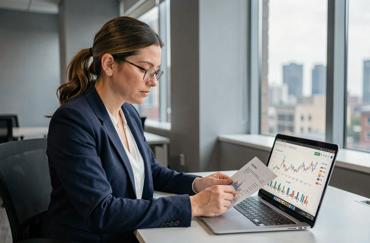 Femme analyste financière examinant des documents et graphiques sur un ordinateur portable dans un bureau moderne, illustrant les questions autour de Perle Finance en 2026