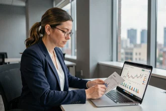 Femme analyste financière examinant des documents et graphiques sur un ordinateur portable dans un bureau moderne, illustrant les questions autour de Perle Finance en 2026