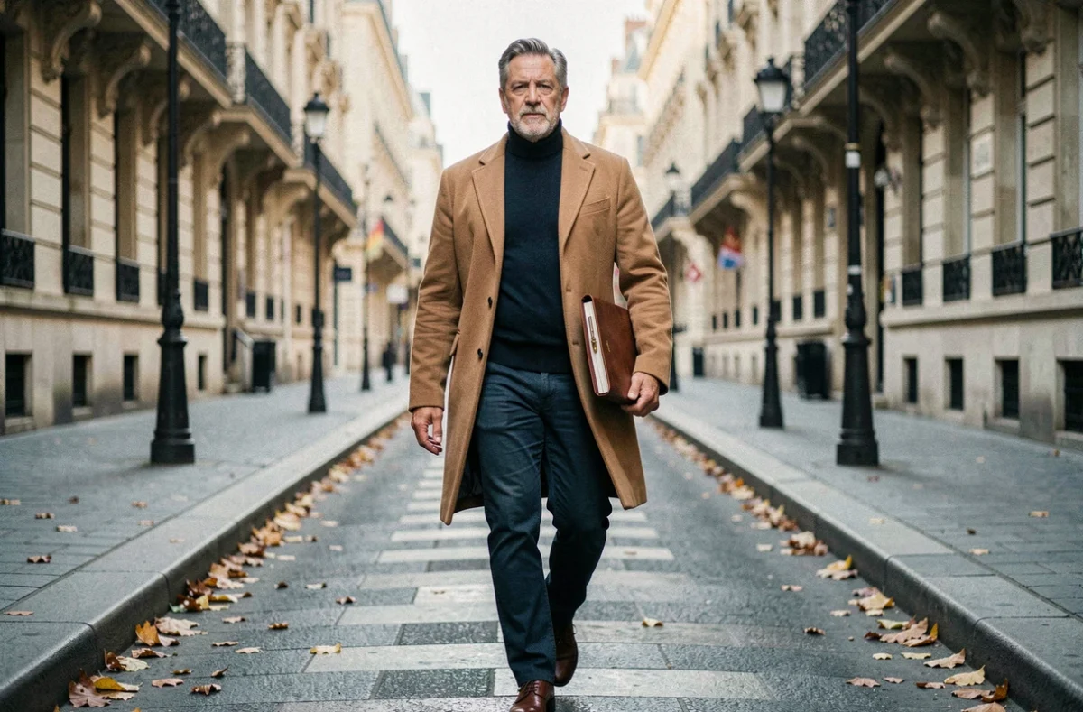 Animateur célèbre en manteau camel marchant sur un boulevard parisien hausmannien en automne, évoquant le succès et la fortune d'une carrière télévisuelle