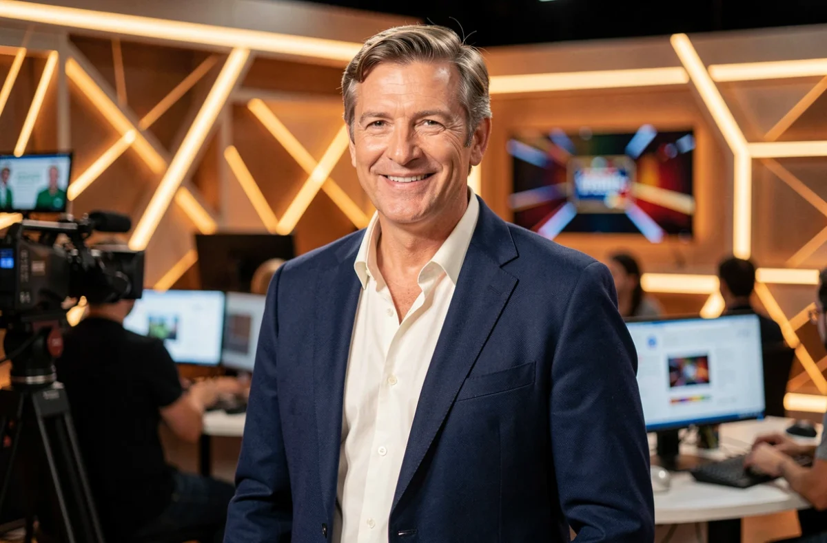 Animateur de télévision français souriant dans un studio de jeu télévisé moderne, illustrant une carrière réussie à la télévision