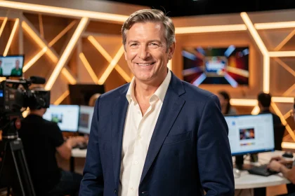Animateur de télévision français souriant dans un studio de jeu télévisé moderne, illustrant une carrière réussie à la télévision