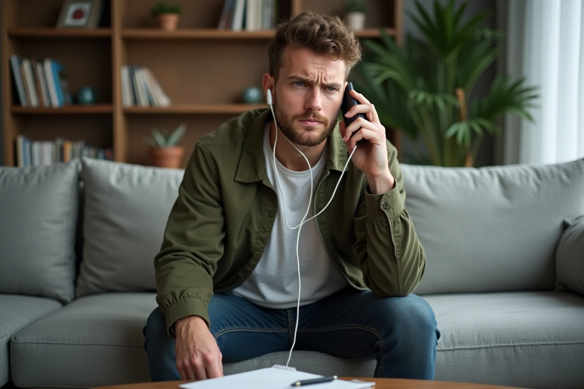 Jeune homme appelant le service client Caisse d'Epargne depuis chez lui suite à un bug de l'application mobile