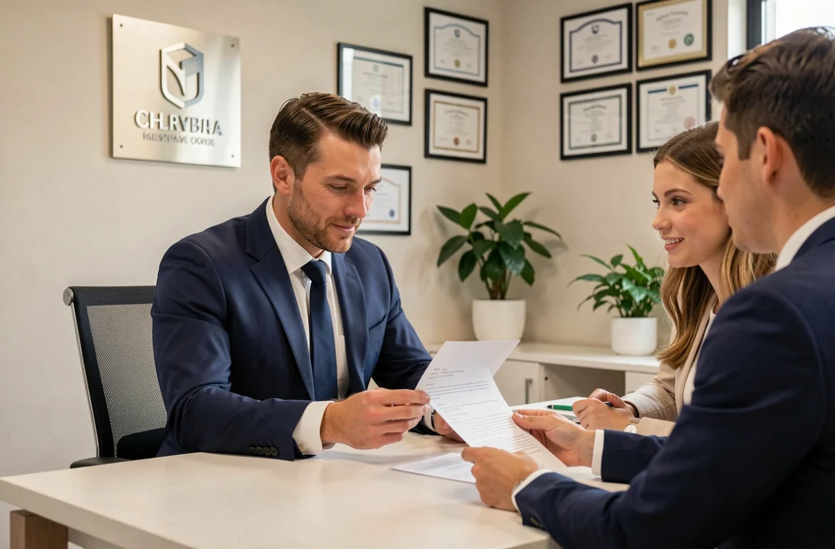 Conseiller du cabinet Arthur Assurances examinant un contrat avec des clients dans un bureau professionnel