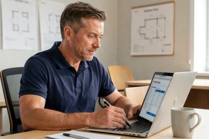 Artisan entrepreneur en polo bleu remplissant un formulaire de devis assurance décennale sur un ordinateur portable dans son bureau professionnel