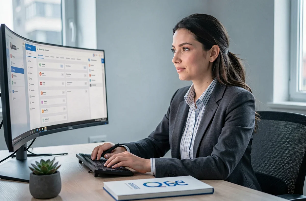 Courtière d'ASSU4YOU gérant des contrats d'assurance en ligne depuis un bureau moderne et digitalisé