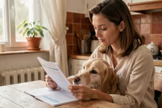 Femme consultant un contrat d'assurance chien CIC avec son golden retriever à la maison