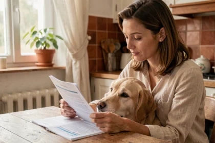 Femme consultant un contrat d'assurance chien CIC avec son golden retriever à la maison