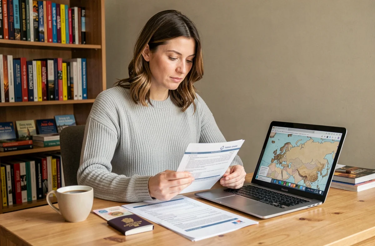 Femme consultant des documents d'assurance voyage pour un séjour en Russie avec passeport et visa sur un bureau en bois
