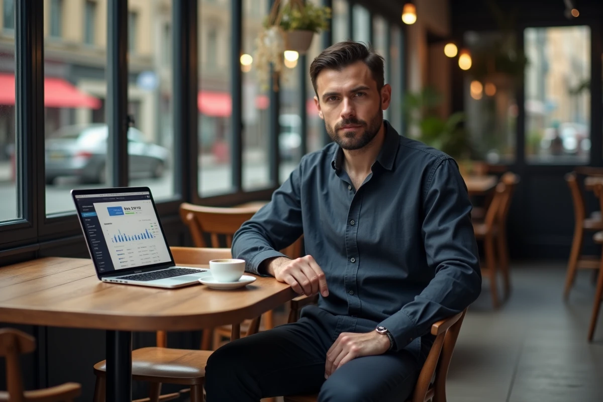 Auto-entrepreneur analysant les services bancaires en ligne OLINDA sur ordinateur portable dans un café urbain