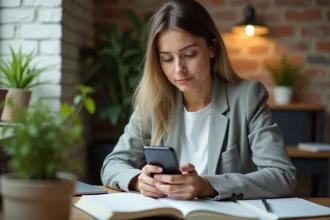Auto-entrepreneuse vérifiant son compte bancaire professionnel OLINDA sur smartphone dans son bureau à domicile