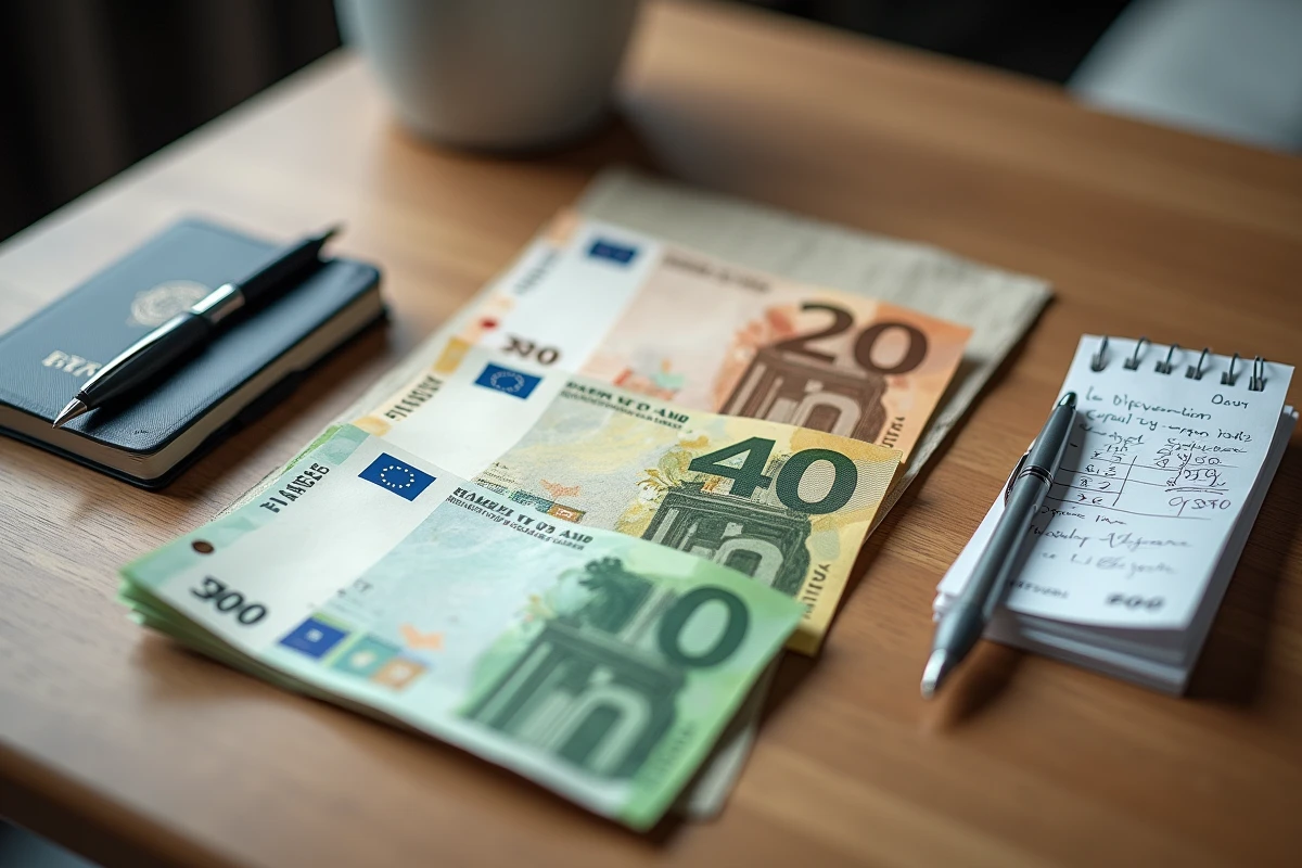 Vue de dessus de billets en francs pacifiques et en euros posés sur un bureau avec carnet de calculs et passeport de voyage