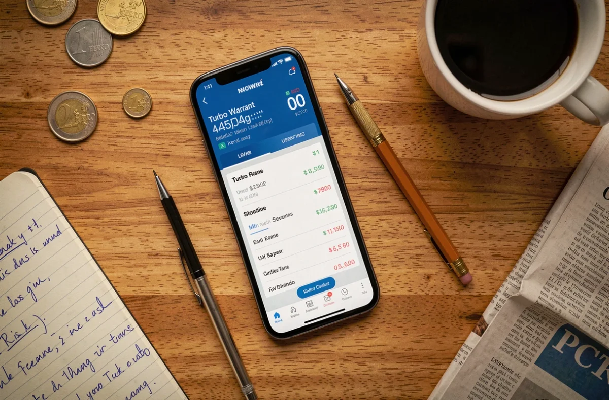 Vue aérienne d'un bureau avec calcul manuscrit de risque sur turbo en bourse et application de trading sur smartphone