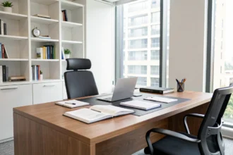 Bureau lumineux d'un conseiller dans une agence bancaire