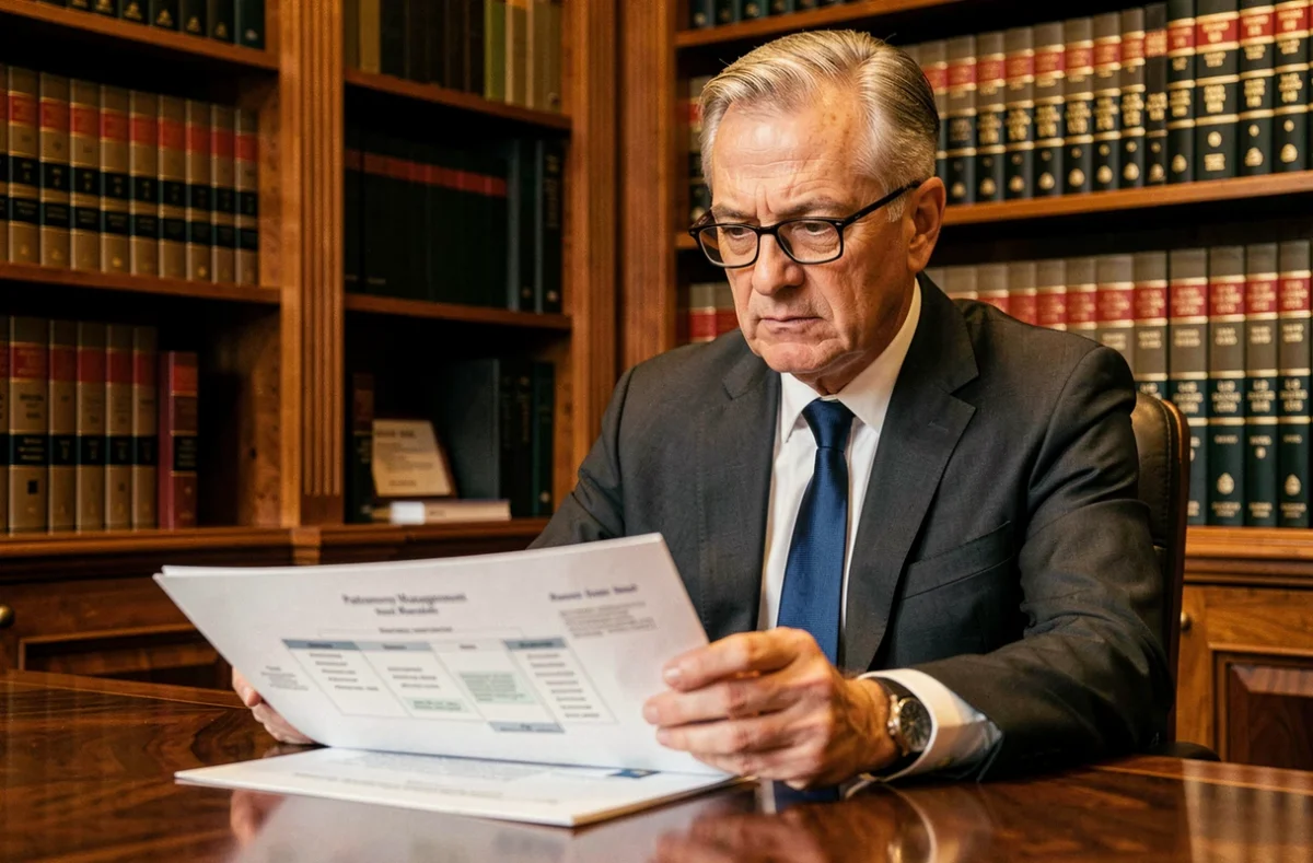 Conseiller du Cabinet CGP Finistère examinant un plan de gestion patrimoniale dans un bureau élégant