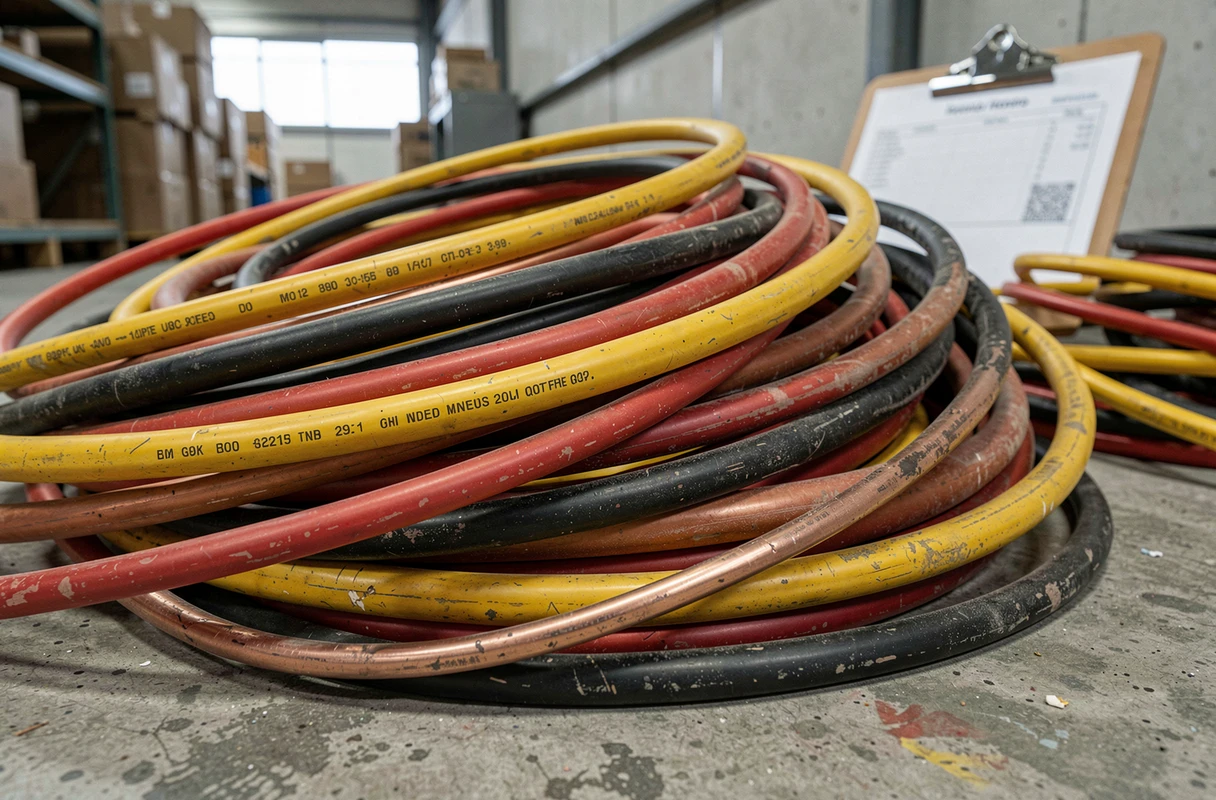 Câbles électriques en cuivre non dénudés de différentes sections entassés dans un centre de recyclage métallique
