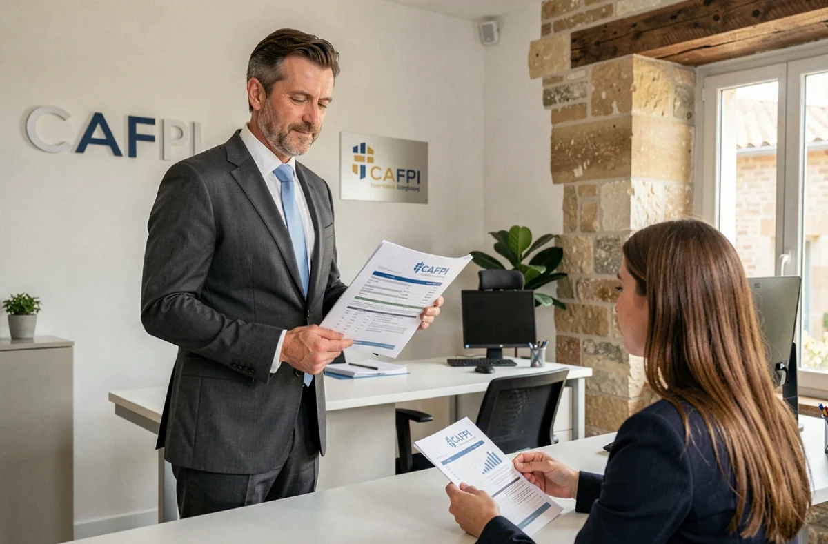 Conseiller Cafpi Avignon présentant un dossier de crédit immobilier à un client