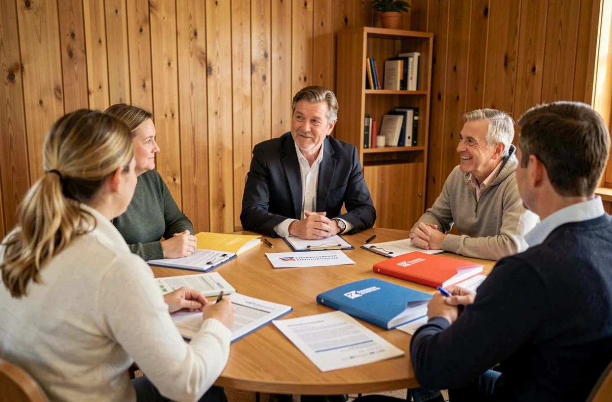 Consultant Cafpi Pyrénées-Atlantiques présentant un dossier de financement immobilier à une famille