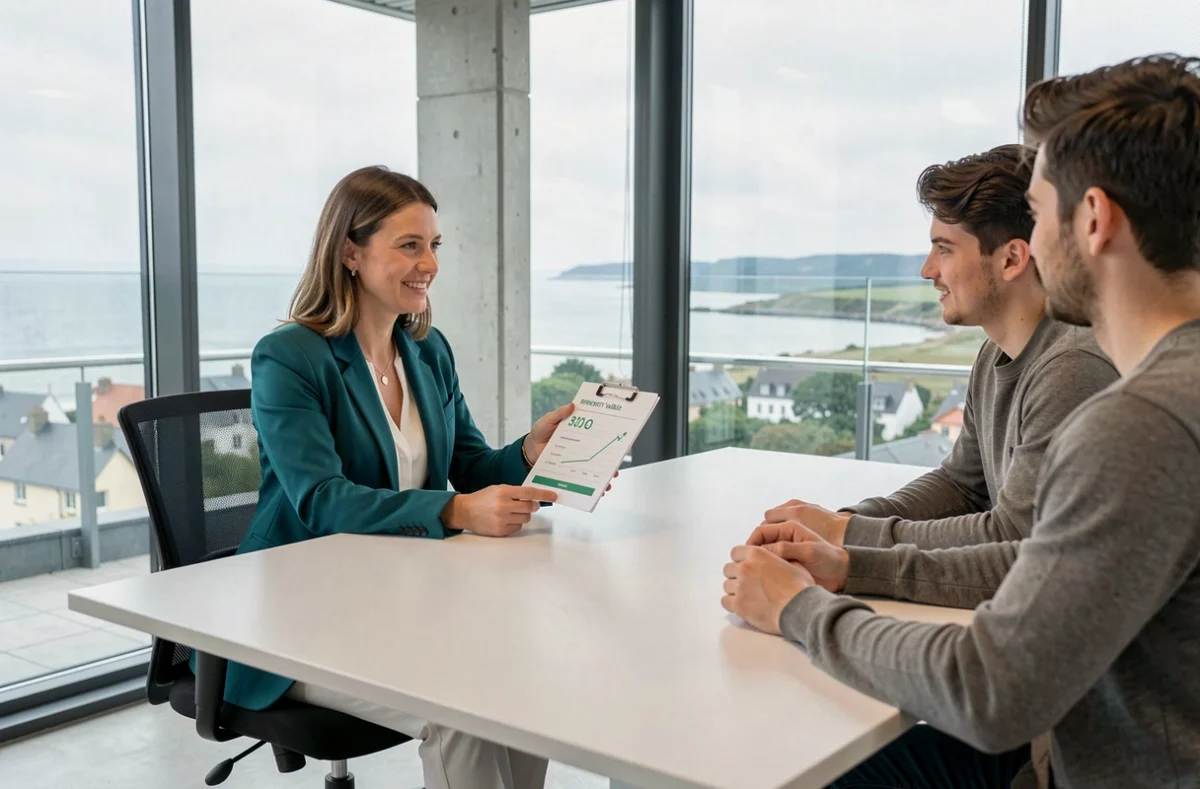Conseillère Cap Erenne présentant un rapport de rendement locatif à un couple dans un espace de travail moderne avec vue sur le littoral du Finistère