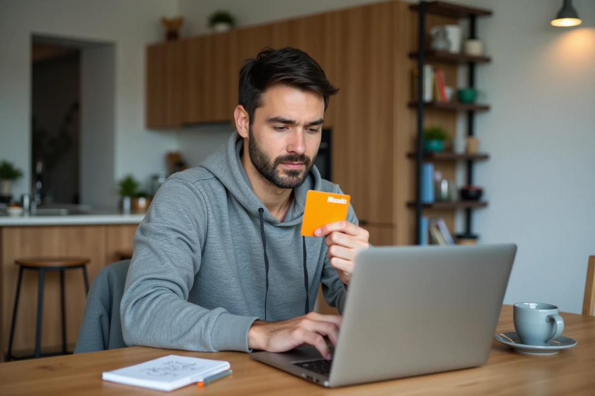Homme utilisant une carte Illicado en ligne pour un achat sur le site Leroy Merlin depuis chez lui