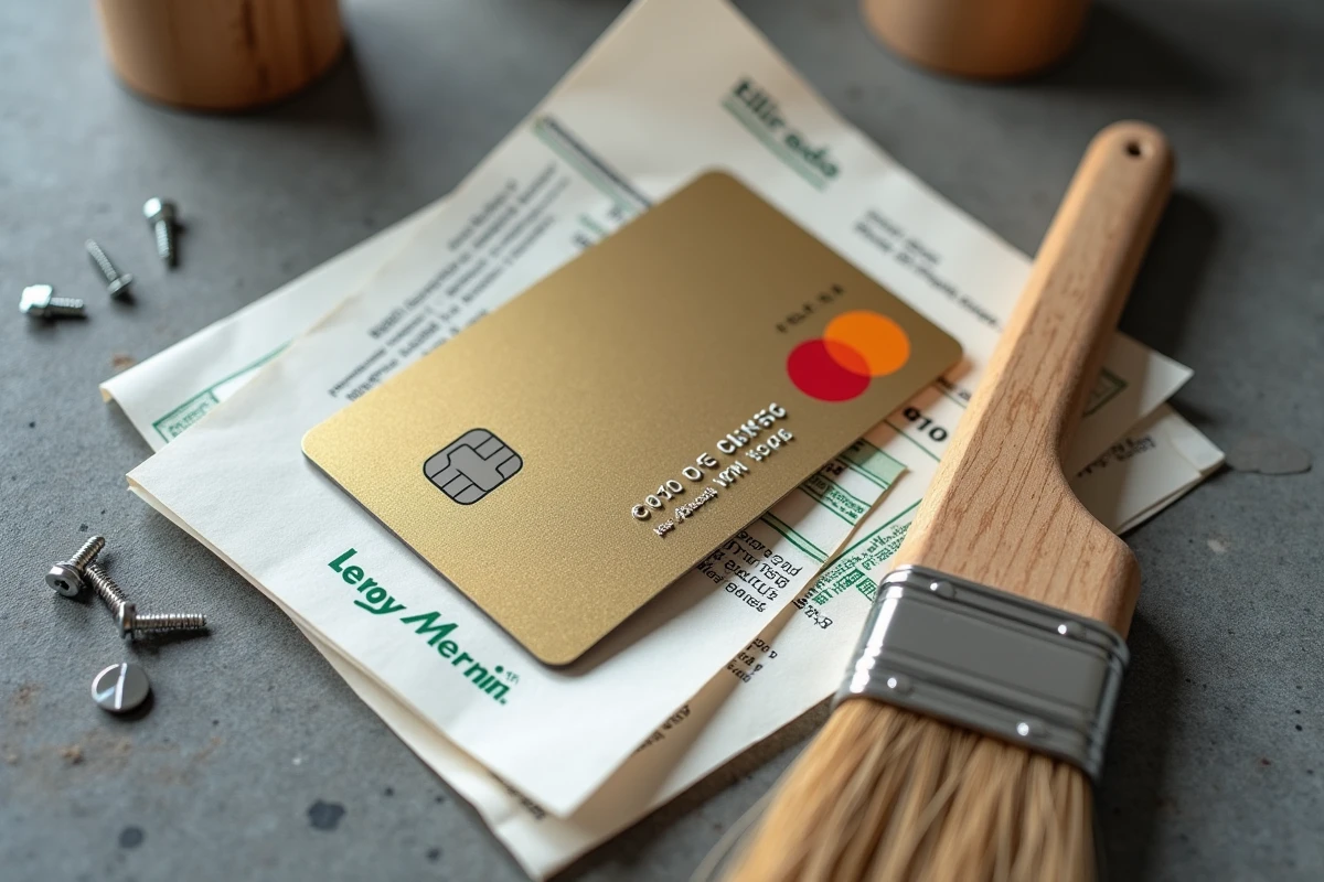 Carte cadeau Illicado posée sur un ticket de caisse Leroy Merlin avec des outils de bricolage