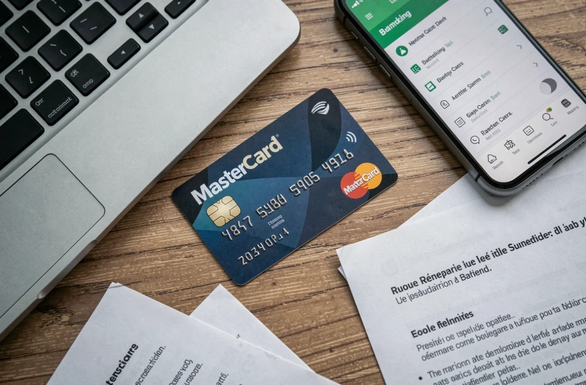Carte Mastercard Crédit Agricole posée sur un bureau avec documents bancaires et ordinateur portable