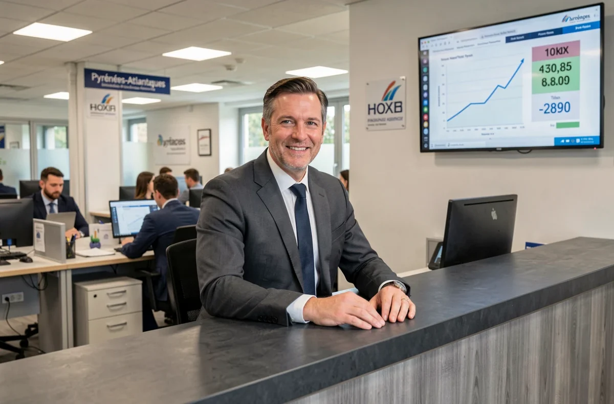 Conseiller de La Centrale de Financement Pyrénées-Atlantiques devant un écran affichant des taux immobiliers