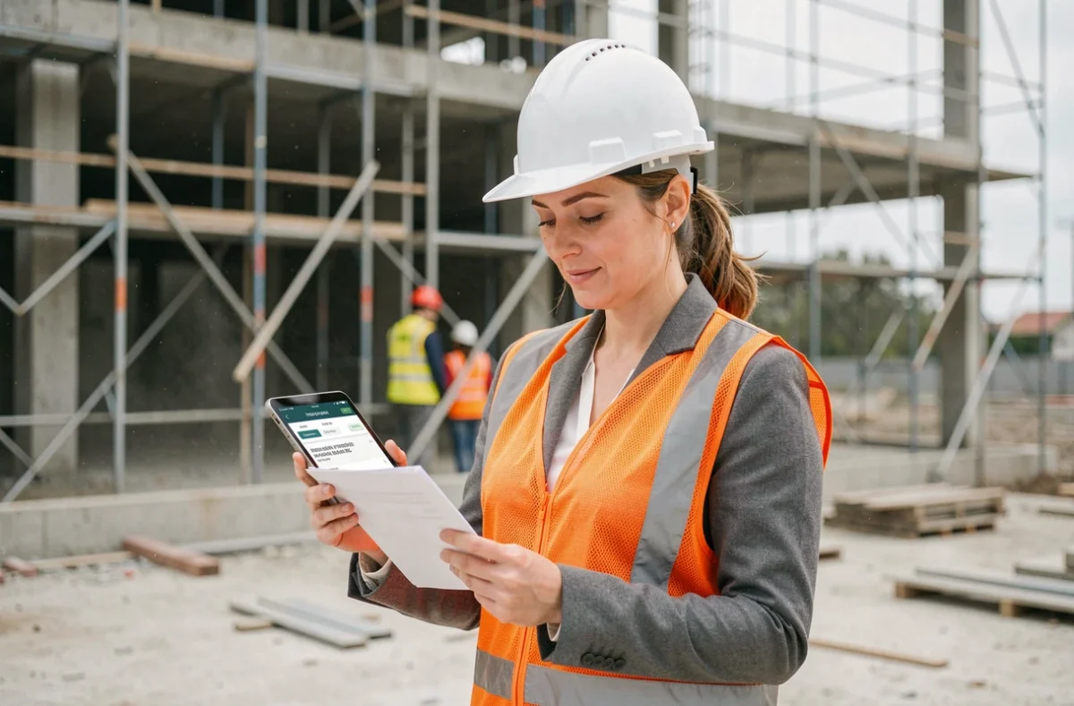 Cheffe de chantier en gilet haute visibilité consultant un devis décennale sur une tablette numérique sur un chantier de construction