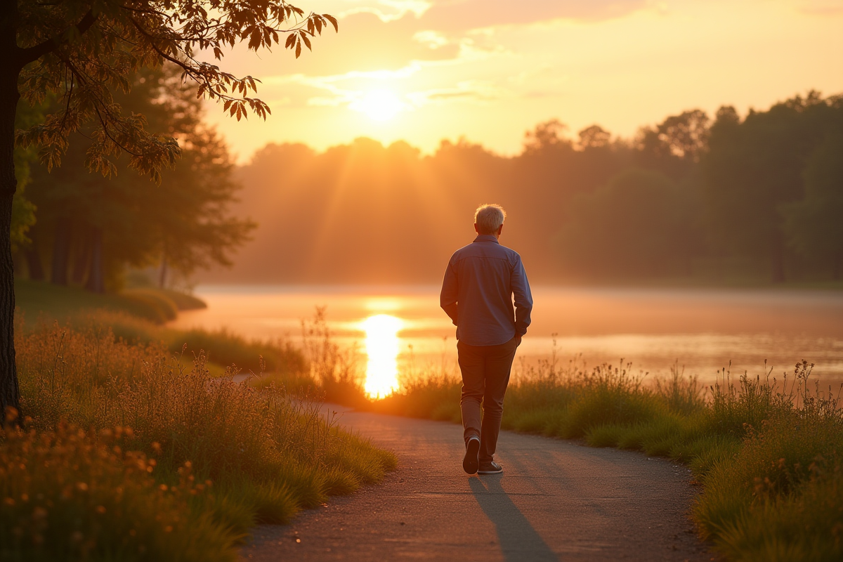 Homme mature marchant au bord du lac au lever du soleil
