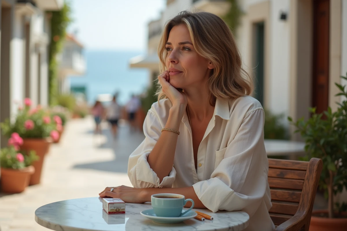 Femme en terrasse de café en Espagne avec un paquet de cigarettes posé sur la table