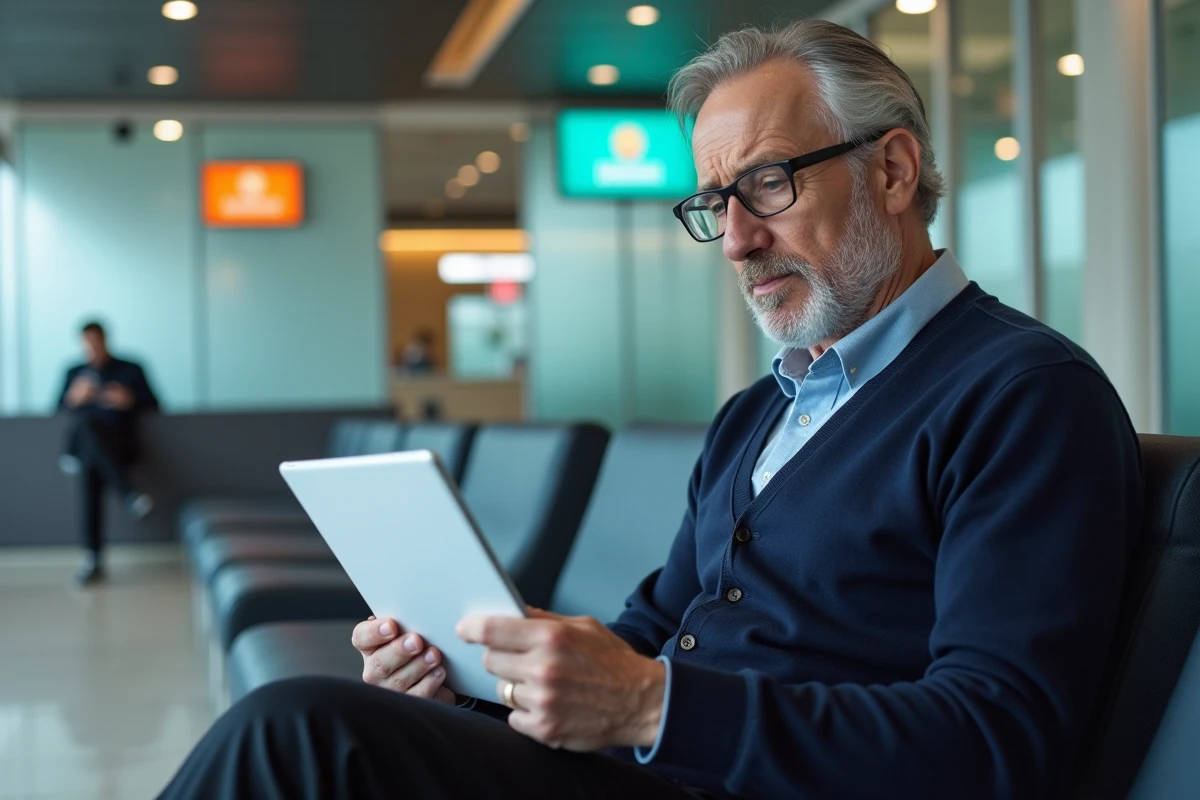 Client senior dans une agence bancaire consultant son tablette pour résoudre un problème d'accès au service Cyberplus Banque Populaire