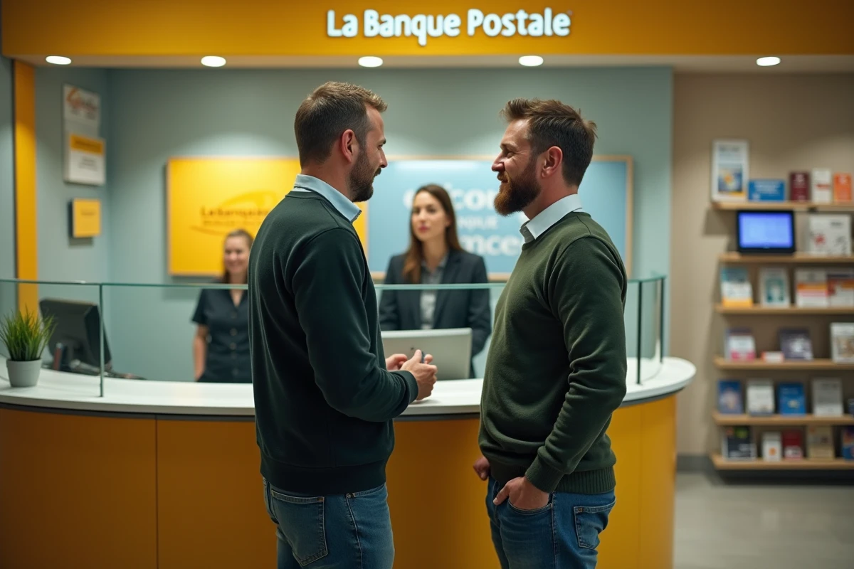 Client masculin en agence La Banque Postale discutant des nouveaux frais bancaires 2026 avec un conseiller