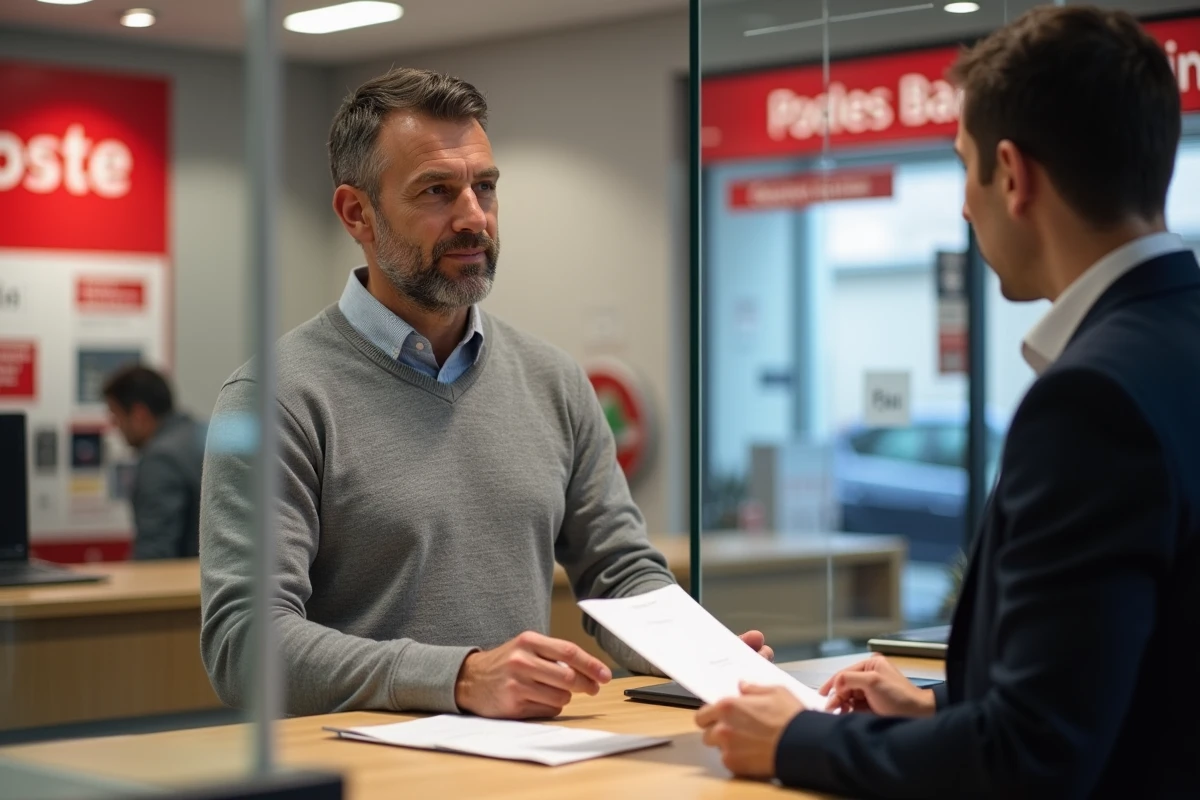 Client déposant un dossier de réclamation auprès d'un conseiller au guichet de La Banque Postale