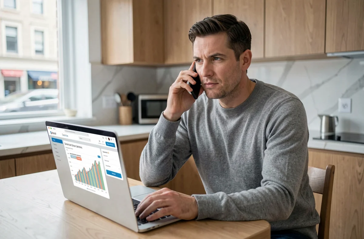 Client contactant le service client Cofica Bail par téléphone depuis son domicile pour une question de rachat de contrat
