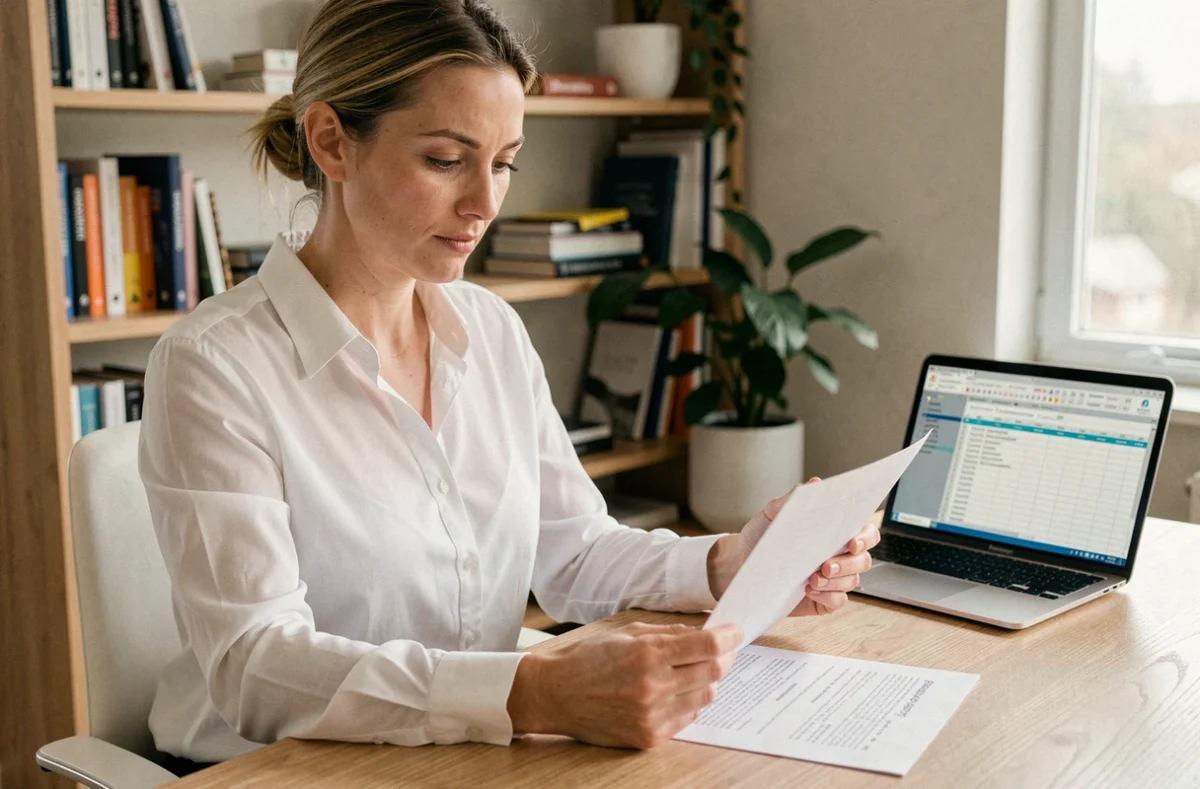 Femme comparant des contrats d'assurance emprunteur à son bureau à domicile