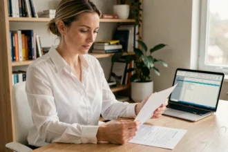 Femme comparant des contrats d'assurance emprunteur à son bureau à domicile