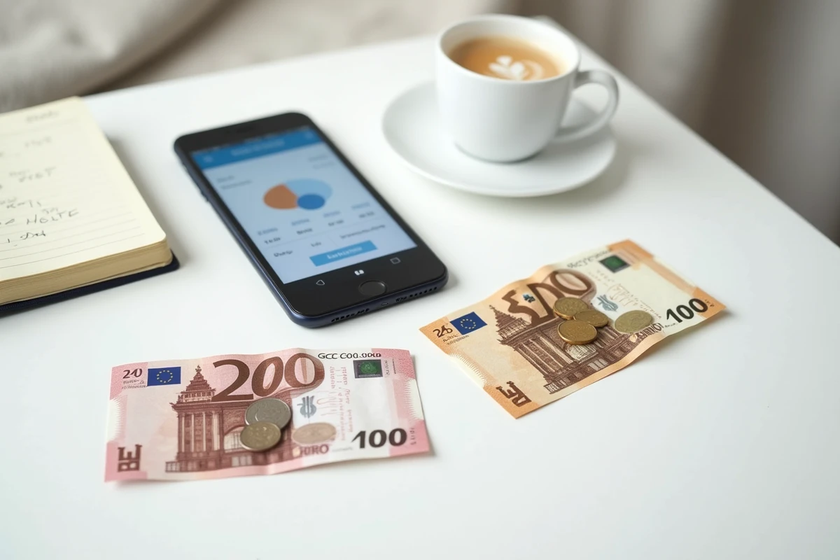 Vue aérienne de dirhams marocains, billets en euros et smartphone avec application de conversion de devises