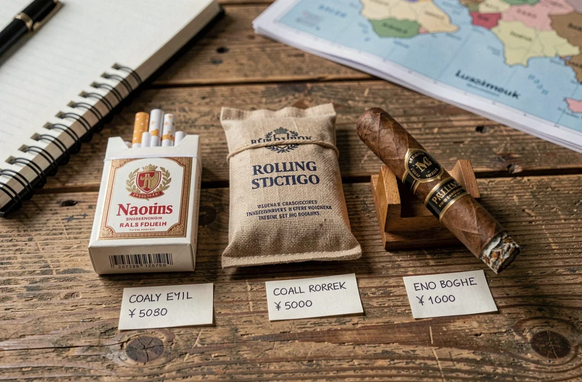 Comparaison de prix entre cigarettes, tabac à rouler et cigares au Luxembourg présentée sur une table en bois avec des étiquettes de prix