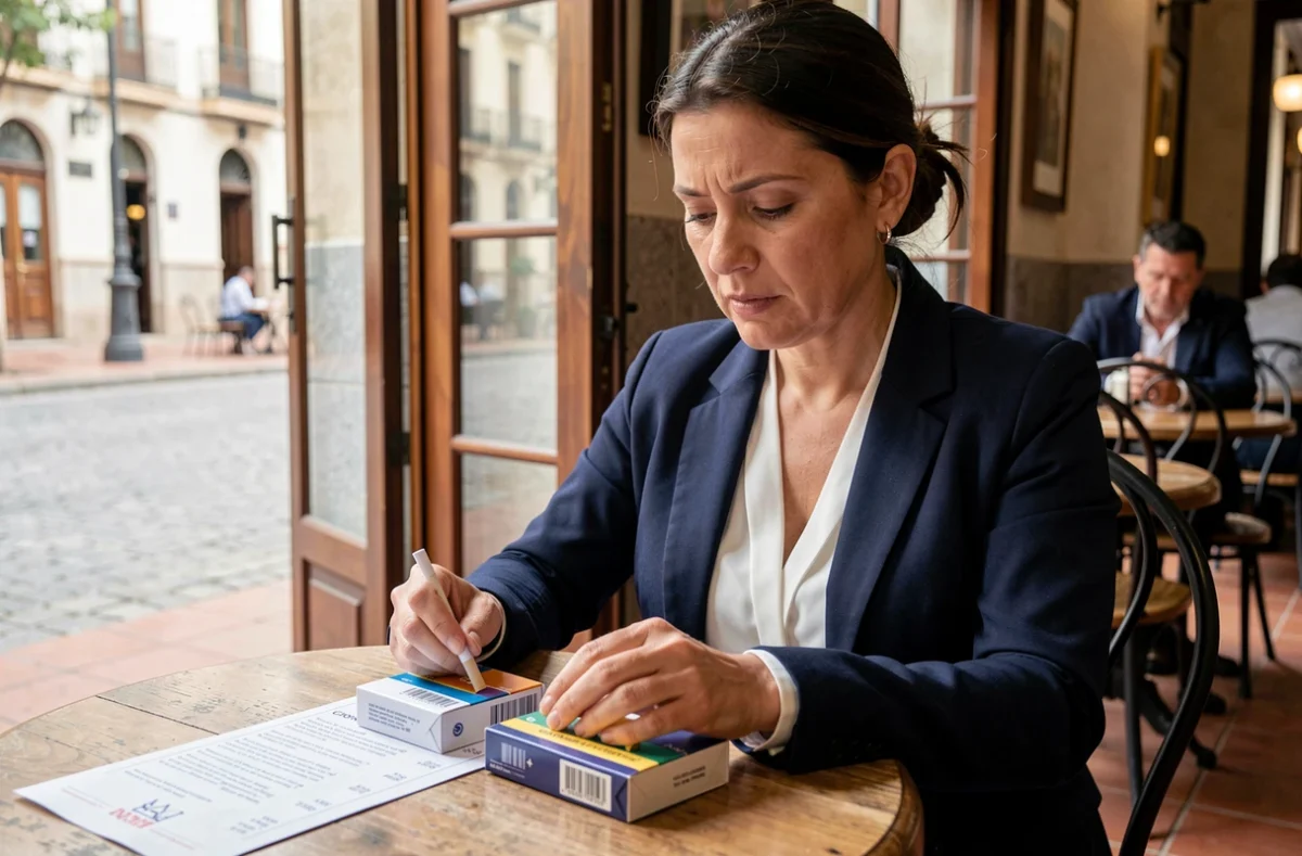Femme comparant les prix de cigarettes Philip Morris dans un café de Madrid en 2026