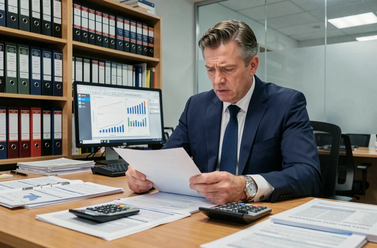 Comptable examinant des documents fiscaux liés à l'acompte d'impôt sur les sociétés dans un bureau professionnel
