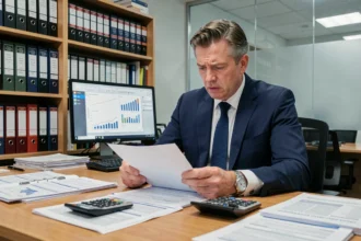 Comptable examinant des documents fiscaux liés à l'acompte d'impôt sur les sociétés dans un bureau professionnel